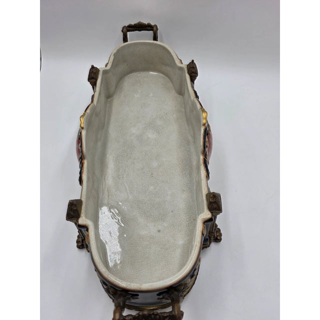 Antique XL Castilian Porcelain Bronze Bowl Centerpiece Clawfoot Floral Victorian For Sale - Image 10 of 15