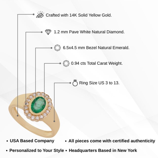 Vintage-Inspired Oval Emerald Diamond Halo Signet Ring Size 5 in 14k Yellow Gold For Sale - Image 12 of 17