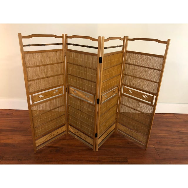 Japanese Vintage Four Panel Wood and Bamboo Screen Room Divider Chairish