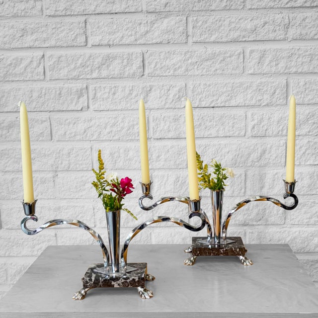 A beautiful pair of Swedish Art Deco–style candlesticks, produced by an unidentified manufacturer in the mid-20th century....