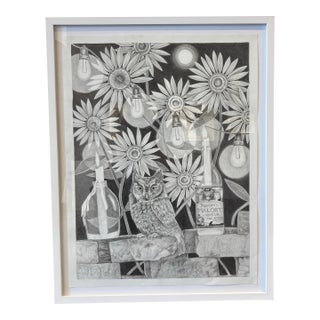 Contemporary Framed Owl Drawing by Madeline Winter For Sale