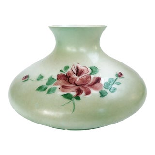 Mid-20th Century Hand-Painted Rose Floral Green Glass Lamp Shade For Sale