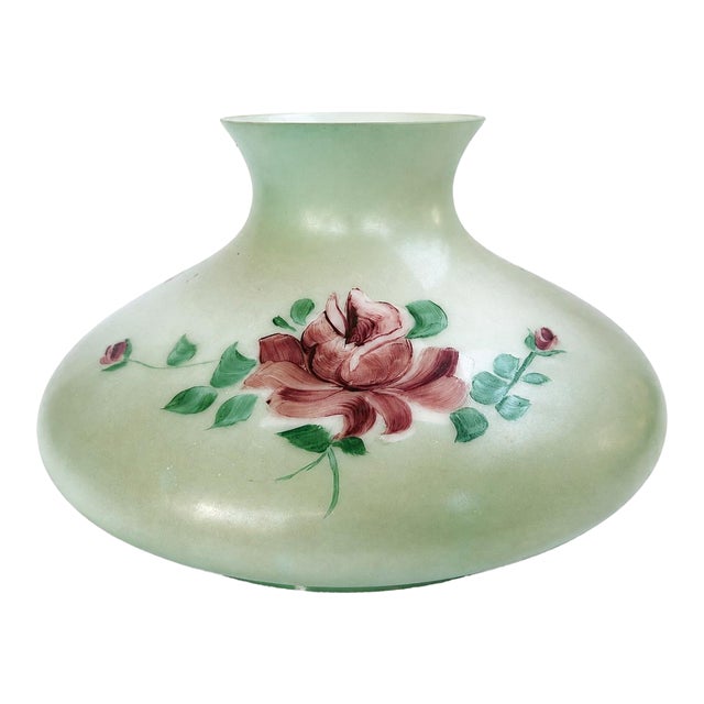 Mid-20th Century Hand-Painted Rose Floral Green Glass Lamp Shade For Sale