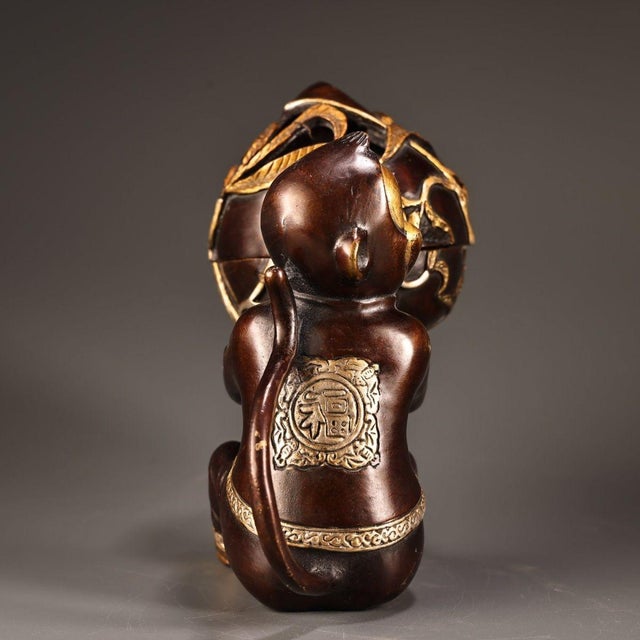 Gilt Bronze Monkey & Peach Incense Burner – Figural Censer, 2.4 LBS For Sale - Image 4 of 10