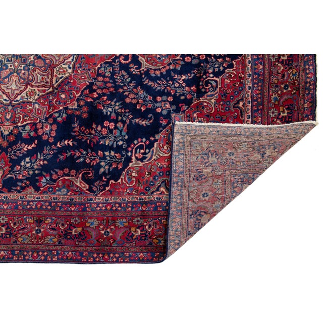 Traditional Vintage Rug, 100% Hand-Knotted Wool, Traditional Indigo Blue & Crimson Red Medallion Carpet For Sale - Image 3 of 7