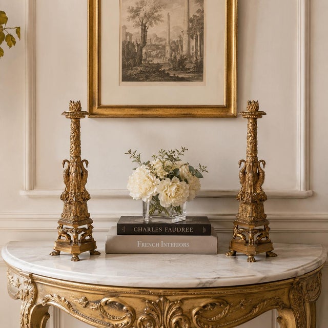 PAIR OF GRAND TOUR TRI-FORM BRONZE CANDLESTICKS IN THE MANNER OF GIUSEPPE BOSCHI Italian, 19th century Sand-cast gilt...
