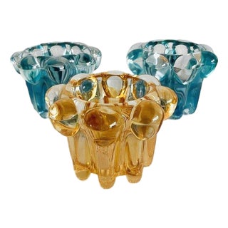 Vintage Tealight Holders in Blue and Amber Glass from Reims, 1960s, Set of 3 For Sale