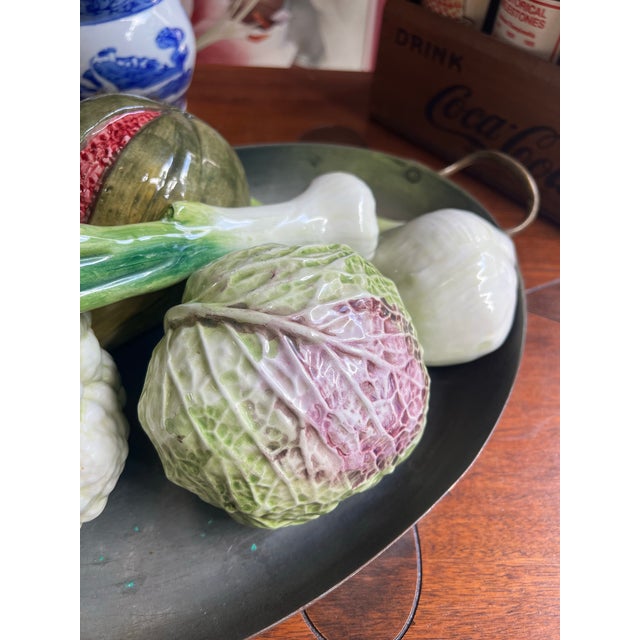 Mid-Century Modern Set of 6, Vintage Ceramic Vegetable and Metal Basket Set For Sale - Image 3 of 11