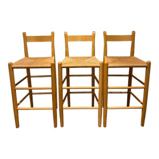 1970s Set of 3 Danish Modern Style Oak Counter Stools With Rush Seats For Sale