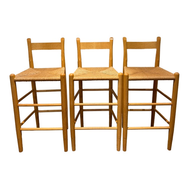 1970s Set of 3 Danish Modern Style Oak Counter Stools With Rush Seats For Sale