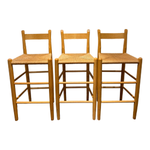 1970s Set of 3 Danish Modern Style Oak Counter Stools With Rush Seats