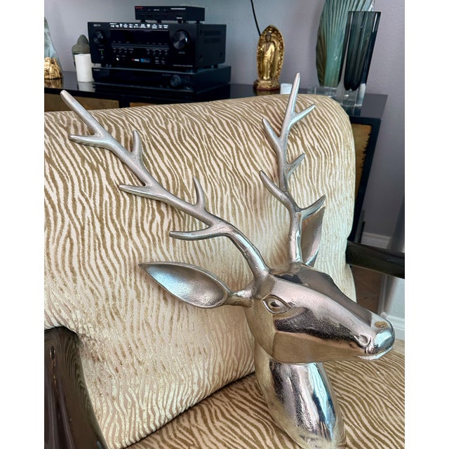 Metal Large Modernist Cast Polished Metal Deer Antler Head Wall Sculpture For Sale - Image 7 of 15