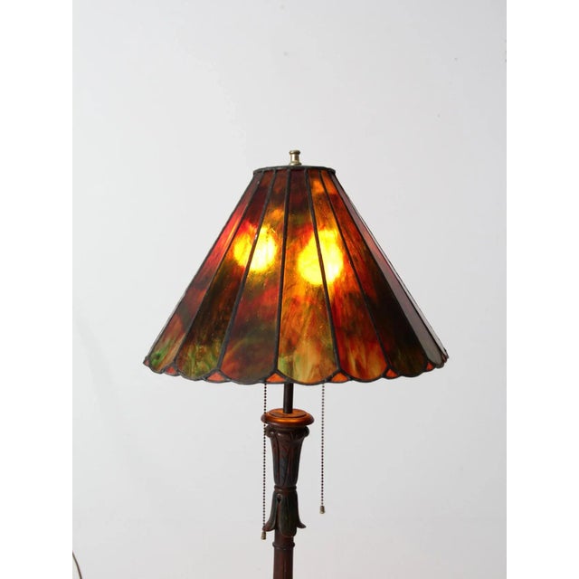 Wood Antique Carved Wood Floor Lamp With Glass Shade For Sale - Image 7 of 11