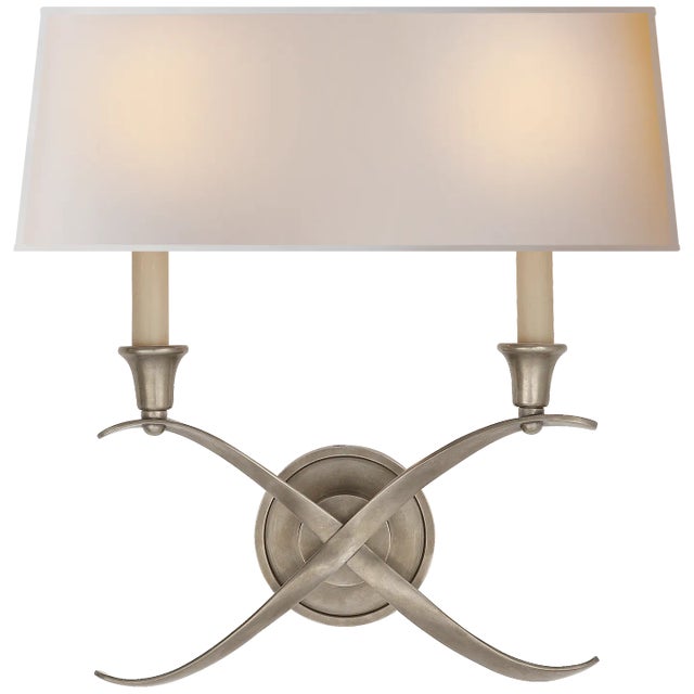 Cross Bouillotte Large Sconce in Antique Nickel with Natural Paper Shade Designer: Chapman & Myers Height: 14.75"...