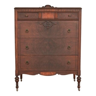 Berkey & Gay Style French Regency Louis XVI Carved Burled Walnut Highboy Dresser, Circa 1920s For Sale