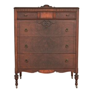 Berkey & Gay Style French Regency Louis XVI Carved Burled Walnut Highboy Dresser, Circa 1920s