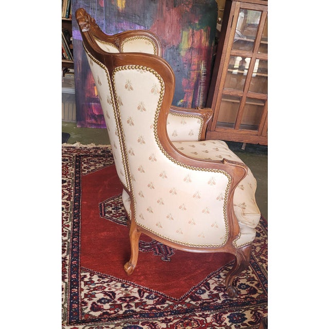 1940s French Carved Wing Chair Bumble Bee Fabric For Sale - Image 4 of 12