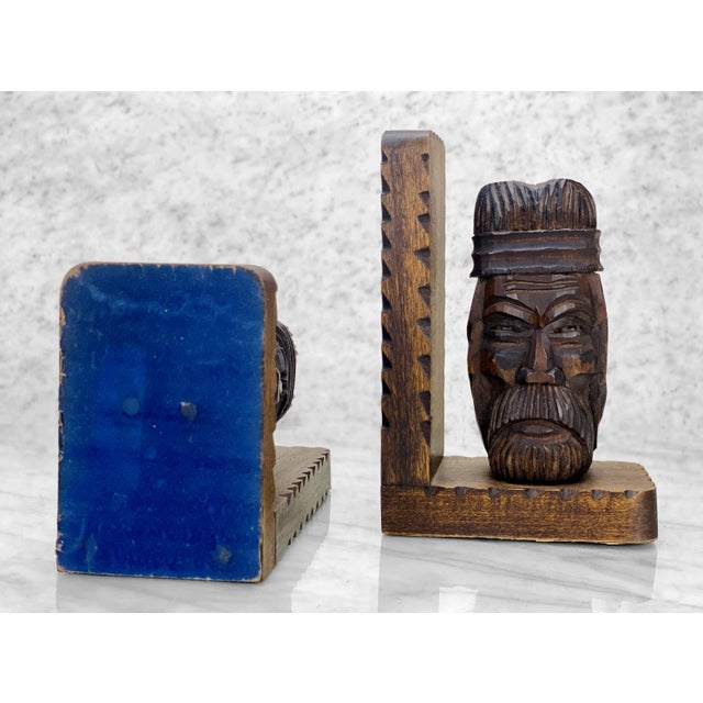 Brown Mid-Century Carved Wood Figural Tiki Bookends - a Pair For Sale - Image 8 of 10