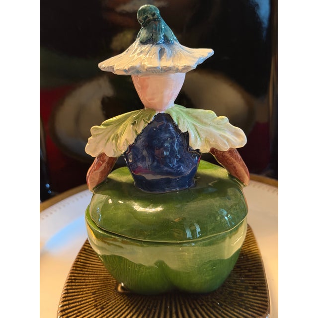 Ceramic 1940s Italian Neiman Marcus Horchow Ceramic Green Pepper Lady Covered Jar For Sale - Image 7 of 12