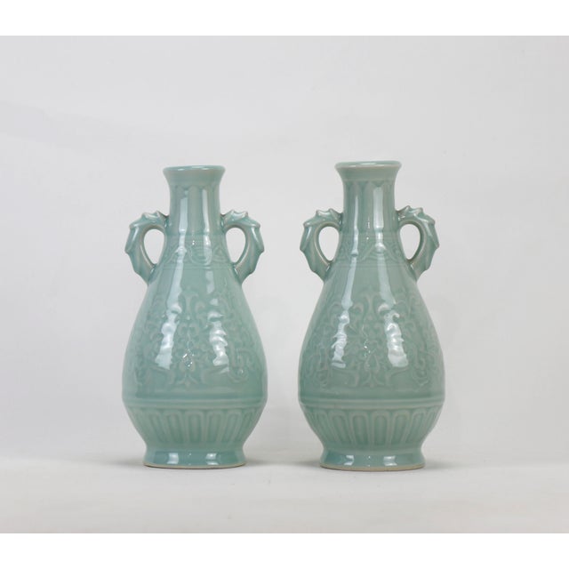 Celadon A Pair of 20th Century Celadon Vases With Handles For Sale - Image 8 of 8
