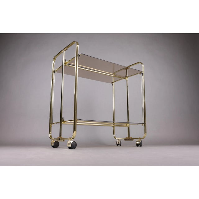 Vintage Folding Bar Cart with Smoked Glass and Gold-Colored Frame, Germany, 1980s For Sale - Image 6 of 16