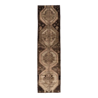 Vintage Circa 1940 Brown Turkish Oushak Hand Knotted Wool Runner 3ft 11in X 15ft 1in For Sale