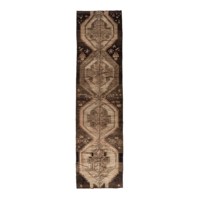 Vintage Circa 1940 Brown Turkish Oushak Hand Knotted Wool Runner 3ft 11in X 15ft 1in For Sale
