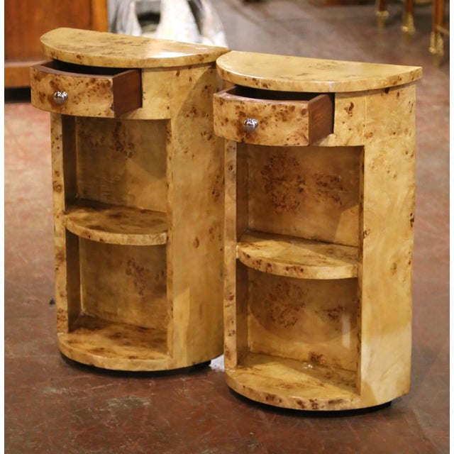 Mid 20th Century Pair of Mid-Century French Art Deco Burl Elm Bedside Tables Nightstands For Sale - Image 5 of 10