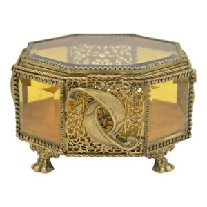 Large Antique French Amber Glass Footed Jewelry Box