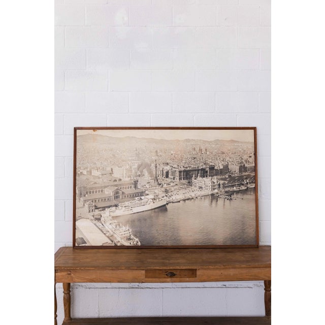 Wood Vintage 1940's Spanish Wood Framed Photograph, Port of Barcelona For Sale - Image 7 of 11