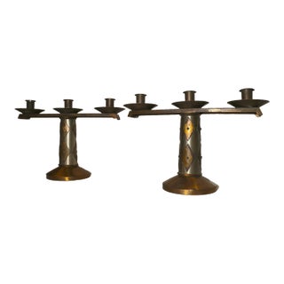 Share Pair of 2 Vintage Bronze Arts & Crafts Altar Candlesticks Church Candle Holders For Sale