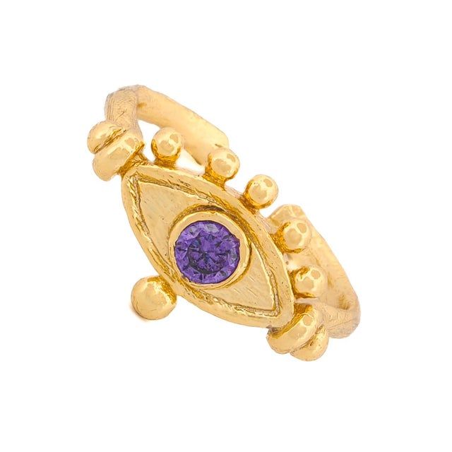 Contemporary Mystic Amethyst Evil Eye Gold Adjustable Band Ring, Size 8 For Sale - Image 3 of 6