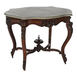 Antique Victorian Rococo Carved Walnut & Marble Top Parlor Table C1800