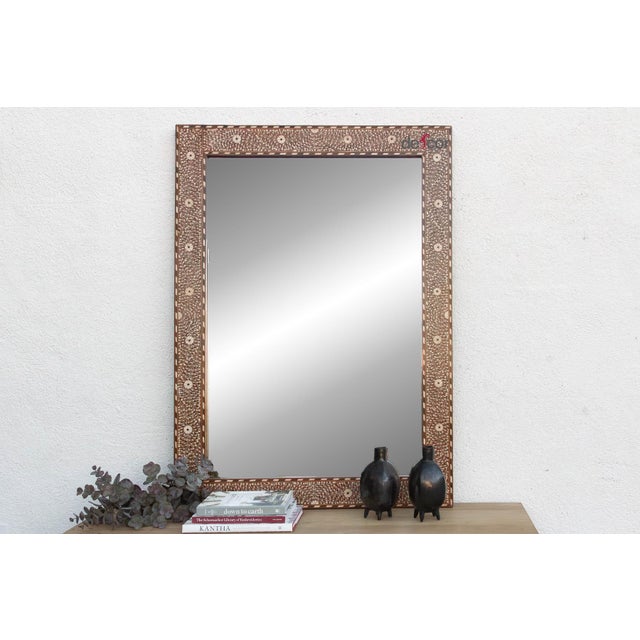 Boho Chic Grand Artisanal Floral Inlay Walnut Finish Mirror For Sale - Image 3 of 8