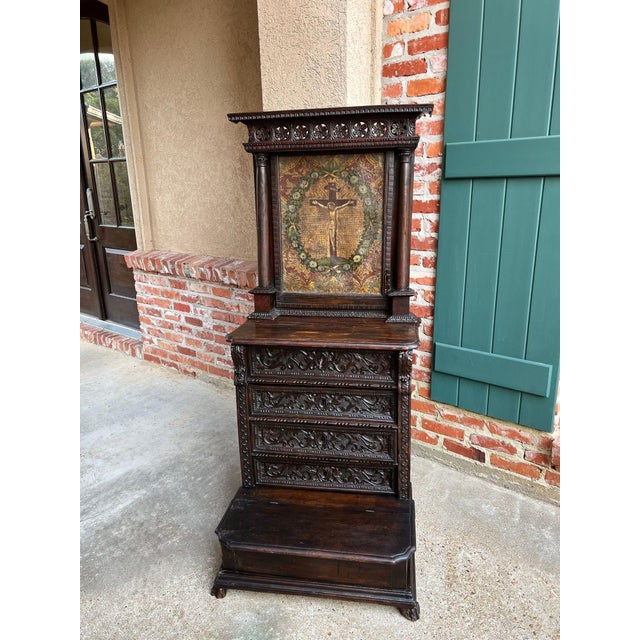Antique French Gothic Devotional Cabinet Religious Painting Carved Oak Kneeler For Sale - Image 13 of 18