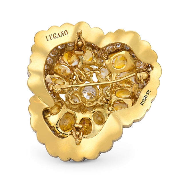 Modern Mid 20th Century Lugano 11.10 Carat Diamond Yellow Sapphire 18k Yellow Gold Enamel Flower Brooch For Sale - Image 3 of 7