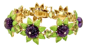 Diamond Amethyst Peridot & Green Enamel 18k Yellow Gold Floral Link Bracelet