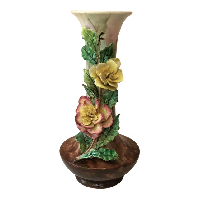 1880s French Majolica Flowers Vase For Sale