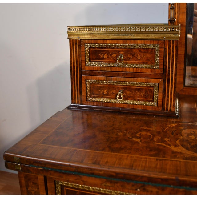 French 1900s Antique French Louis XVI Burl Walnut Satinwood Inlay Writing Desk For Sale - Image 3 of 18