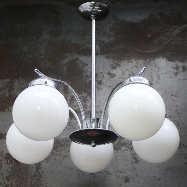 French Art Deco Nickel-Plated 5-Arm Chandelier with White Opaline Glass Globes For Sale - Image 6 of 11