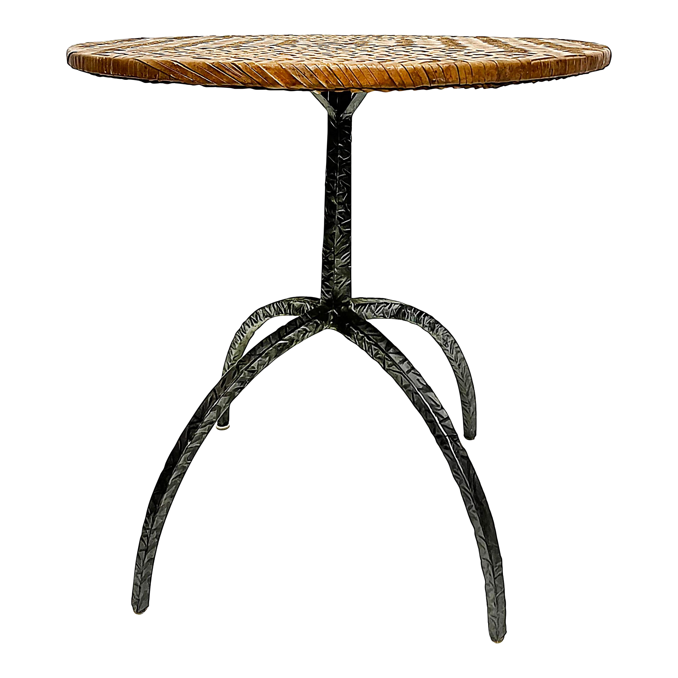1980s Sculptural Industrial Iron Woven Leather Top Side Table
