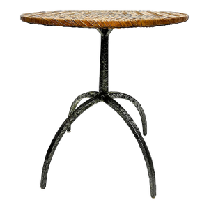 1980s Sculptural Industrial Iron Woven Leather Top Side Table