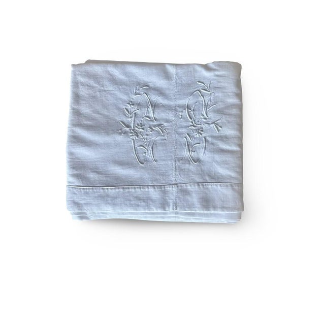 Antique French Cotton Linen Sheet, Cs Floral Monogram, Circa 1900 For Sale - Image 4 of 11