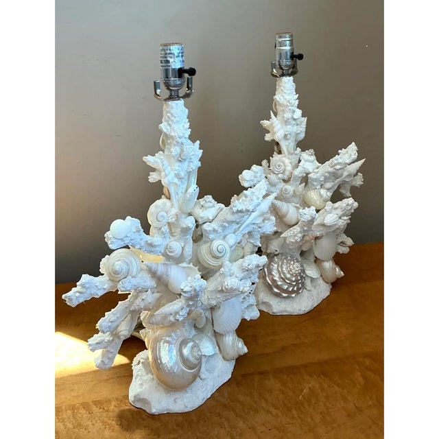 Hollywood Regency Vintage Shell and Plaster Faux Coral Table Lamps - Pair For Sale - Image 3 of 12
