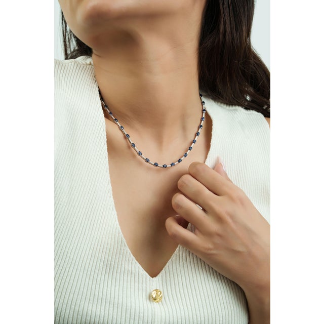 Certified 14k White Gold Natural 10.52ct Blue Sapphire & Diamond Tennis Necklace For Sale - Image 9 of 15
