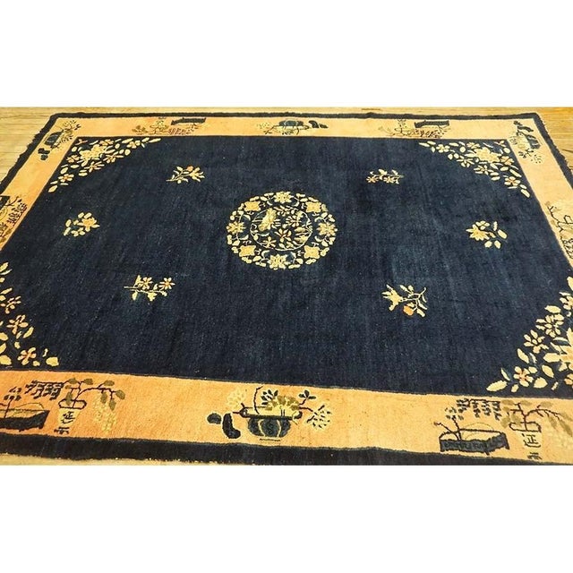 1920s Antique Blue Field Vase Medallion Wool Knotted Peking Runner Small Rug For Sale - Image 4 of 11
