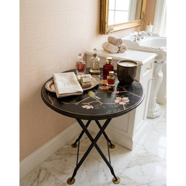 Black Vintage Grand & C. Chinoiserie Hand-Painted Metal Folding Side Table For Sale - Image 8 of 10