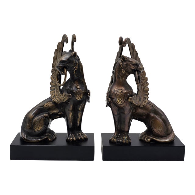 Rare Pair of Antique Early 20th C Bronze Winged Griffin Bookends on Pedestal. For Sale