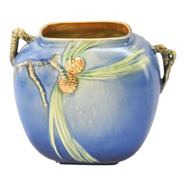 Roseville Pine Cone Blue 1936 Vintage Art Pottery Pillow Ceramic Vase 114-8 For Sale