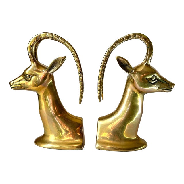 Pair of Art Deco Revival Polished Brass Gazelle/Ibex/Antelope Bookends For Sale